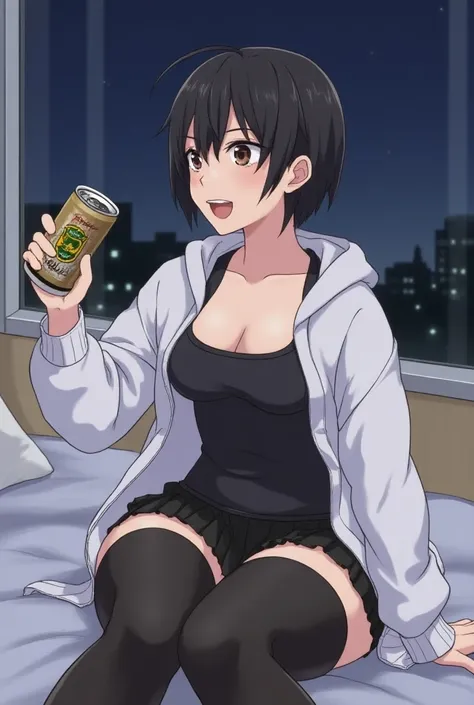 NSFW, clothed, (midnight sky), 1girl, throw, from side, hotel room, grin smile, drunk, spoken heart, wearing White hoodie, ((wearing Black miniskirt)), black thighhighs, Sitting on the bed,  short stature ,  Japanese, Fair skin, (double eyelid), ((puppet))...