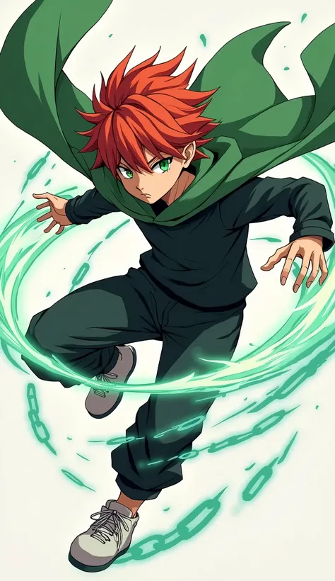  Anime boy with red hair green eyes pointy ears wearing a black shirt long sleeve loose black pants white shoes green cape with a hood, throwing his chains made of magic while moving fast thanks to his shoes that allow him to move at high speeds his pointe...