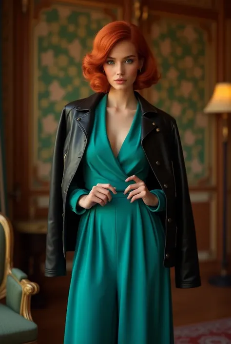  Beautiful 25-year-old red-haired woman with turquoise eyes ,  wearing a turquoise dress from 1960  ,  leather coat on the shoulders,  has her hands around her waist and a sophisticated hairstyle of the time;  is in a Victorian-style room 