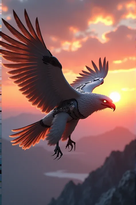 Prompt: "A majestic hybrid creature combining an eagle and a helicopter, soaring over a mountainous landscape at sunset. The body has the streamlined, powerful wings and talons of an eagle, with mechanical elements like a rotor on its back and a metallic t...