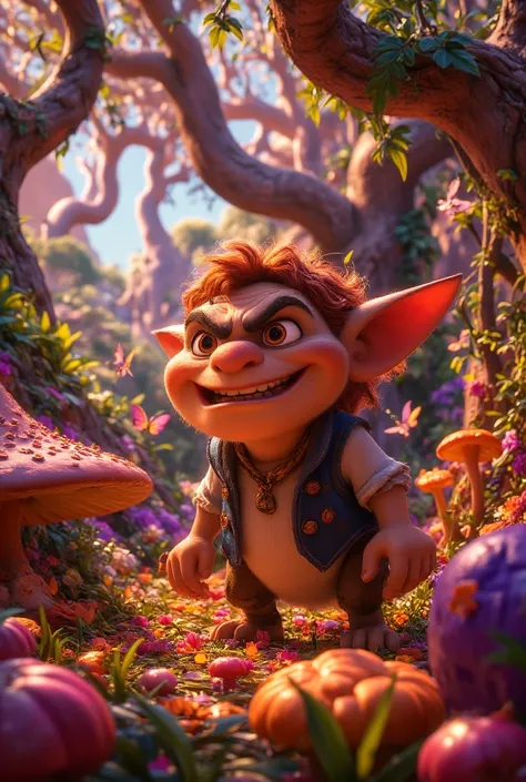  Goblin with a psychedelic journey in nature surrounded by fairies harvesting brilliant hallucinogenic mushrooms. Youre smiling suspiciously .