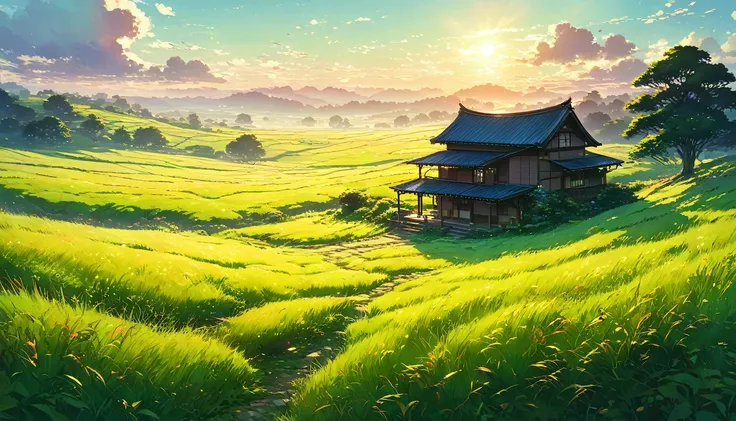 a small, house in a field, peaceful landscape, soothing and cozy, Light, Shadow, mysterious, beautiful, Contrast, dynamic, nature,beautiful Anime Scenery, Landscape painting, Beautiful digital painting, Andreas Rocha, illustration of a beautiful artwork, A...