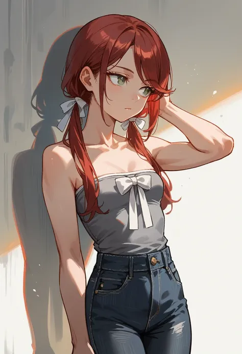 (masterpiece, best quality), 1girl, stoic, looking to the side, hand in hair, beautiful face,  ((Gray eyes, Dark red hair, swept bangs, low twin tails)), white ribbons, strapless gray shirt with white trim, black jeans, small breasts, toned arms,