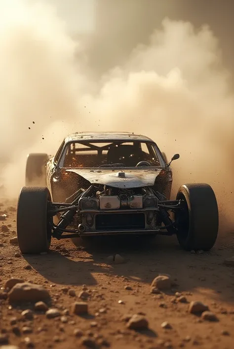 A severely damaged race car frame with the wheels missing, lying in a cloud of dust and sparks.