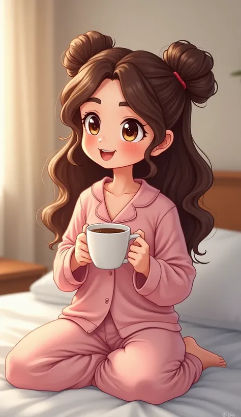 good morning,  cartoon girl with a mug of coffee ,  sitting on the bed in her pajamas didnt get enough sleep, глаза прикрыла,  a careless bun of light curls ,1 girl,  High definition , Accuracy,  better quality, HD model,  Ultra high definition ,  brown ha...