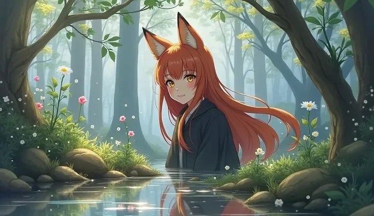 Fox girl, fox, nature, high quality, anime, natural lighting, cinematography