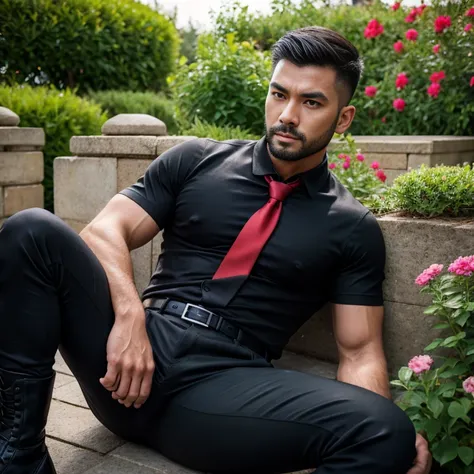 35years old,One Man,、 black shirt、Red tie、 black slim pants 、 black gloves、Black boots、Combatant、With a pistol on his hip、garden、　 sitting with legs open 。short hair 、更にshort hair 、 undercut、Stubble　Muscular　Asian Face　 black shirt　View from below　Upper bo...