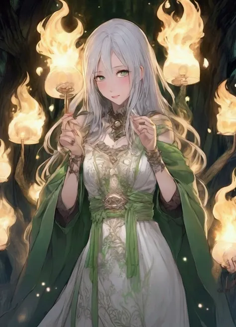 a cute woman with hollow eyes, deathly pale skin, tattered revealing robe, holding a bright green fire burning in a magic lantern, in a dead forest with no moonlight and few stars, willow-wisp