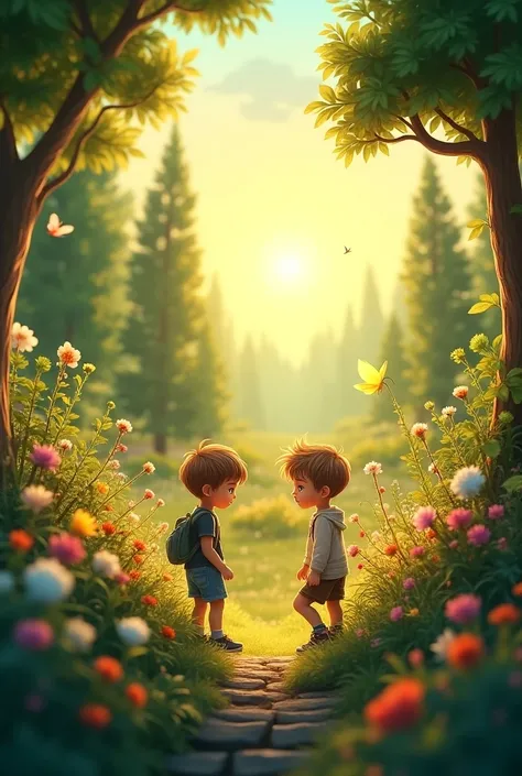 

 Timmy and Jack in the Garden:
A wide shot of the garden, showing Timmy, a boy with a short brown hair and Jack, a boy with a messy blond hair searching among flowers, plants, and trees. The sun is beginning to set, casting a warm, golden glow.

