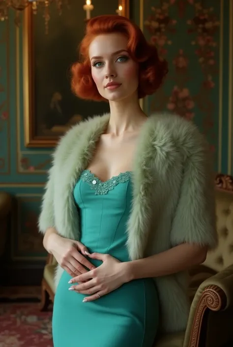  Beautiful 25-year-old red-haired woman with turquoise eyes ,  wearing a turquoise dress from 1960  ,  fluffy fur coat on the shoulders,  has her hands around her waist and a sophisticated hairstyle of the time;  is in a Victorian-style room 