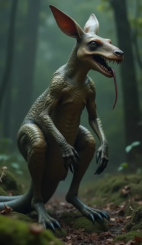 "An ultra-realistic depiction of a terrifying hybrid creature that merges the characteristics of a kangaroo and a snake into a single, formidable being. This nightmarish entity stands tall on powerful hind legs, resembling a kangaroos muscular build, but w...