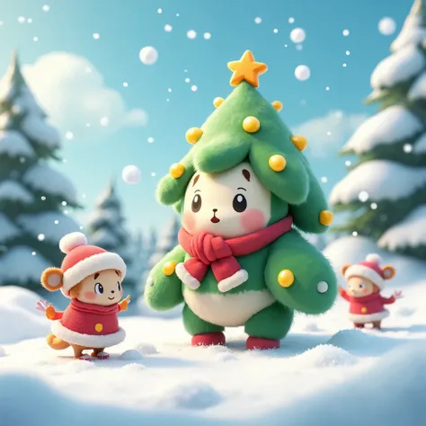 , cute little fluffy furry  robotic christmas tree creature  disguise playing with friends , throwing snow, happy, , christmas  theme,  3d, anime, , unreal engine, 8k, hd, 