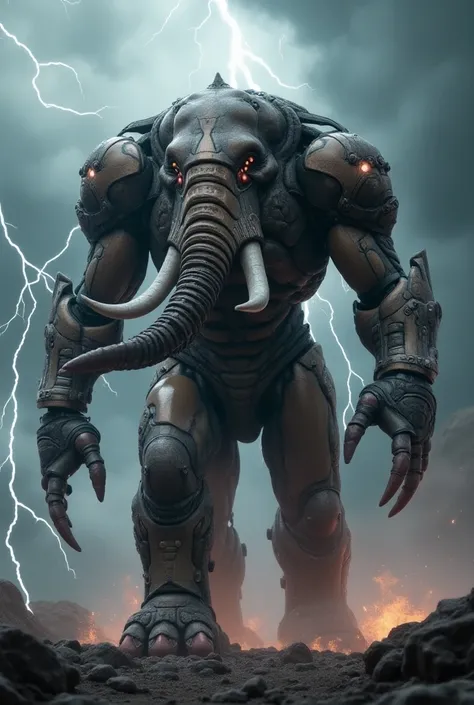 Design a hybrid creature that merges the features of an elephant and Iron Man into one seamless, imposing entity. The creature should have the muscular build and armored metallic surface of Iron Man, combined with the large ears, tusks, and trunk of an ele...