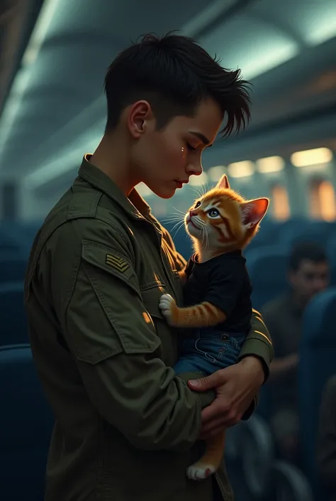 A soldier picks up A crying brown little kitten in black tshirt And black jeans in his lap and the soldier also starts crying standing inside a plane at the airport at night ai image