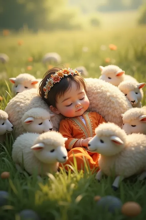 Create a baby girl  between sheeps with pashto dress