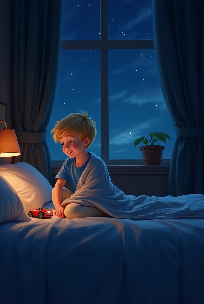 Disney style night scene in a cozy, dimly lit bedroom depicting a happy  boy with short blonde hair sitting on a bed, turned sideways so that his profile is visible. The boy is sitting wrapped in a blanket and looking down joyfully at a small red toy car, ...