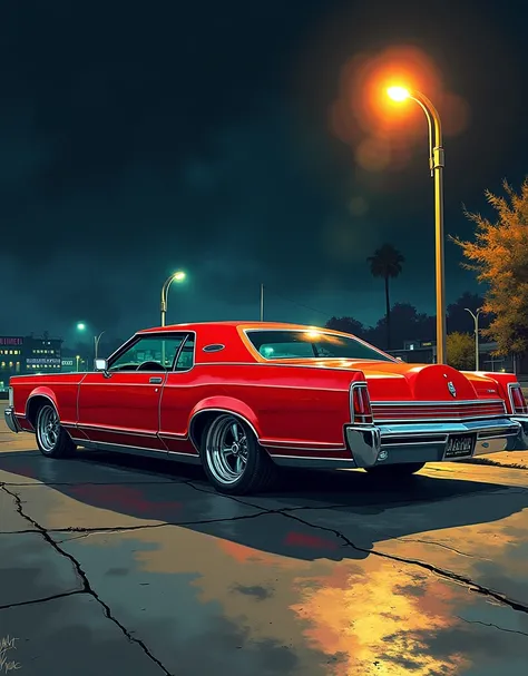 Painting of a red1970s Lincoln Mark V low rider Car with a street light on the background colored illustration for tattoo, highly detailed and colored, richly detailed colored, inked and colored, traditional tattoo, gangster style tattoos, high quality col...