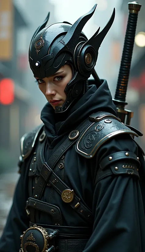  Very Beautiful Cyberpunk Samurai in a Black Suit with a Sword and Sword、Dignified expression、 Devil Energy、close up shot、Creepy、Shining Eyes、 Part 1 Mechanical Cyborg Samurai 、Perfect composition、Cyber Japan、warrior、 Extremely Beautiful Cyberpunk Samurai ...