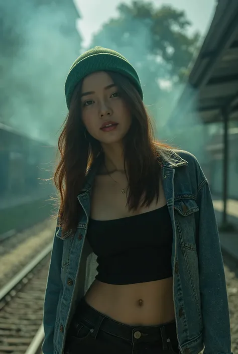 A portrait of a Thai woman with an intense expression, wearing a green beanie hat. She is dressed in a denim jacket over a black wide-neck shirt, paired with black jeans that are ripped just above the knees. Standing in a railway station, she looks sideway...