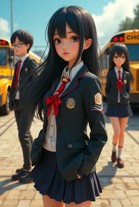 Beautiful  girl with long black hair wearing a school bus on her side a  girl in uniform with glasses and black hair and so on the other side an  boy with a school bus behind them a sports court 