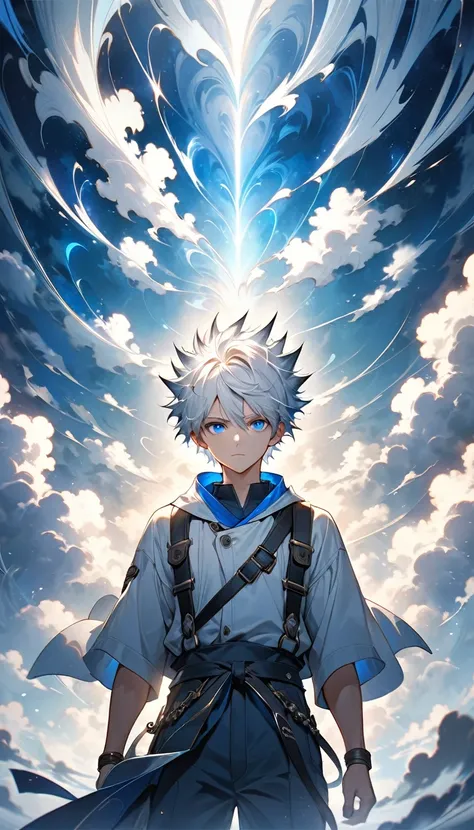 young man with short, spiky white hair and piercing blue eyes. His gaze is directed upwards, conveying a sense of wonder, determination, or perhaps a touch of arrogance.The background is a dynamic sky with swirling clouds, creating a sense of movement and ...