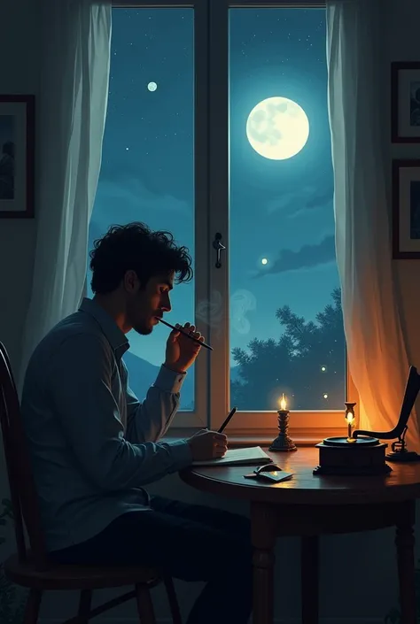 make an image about a poetry writer whose name is Parizaad. he is young. It is a moonlight night. wind blooming and the window certain is moving by wind. Parizaad sitting in a chair and writing a poem with a pen. a burning cigarette in his mouth which is h...