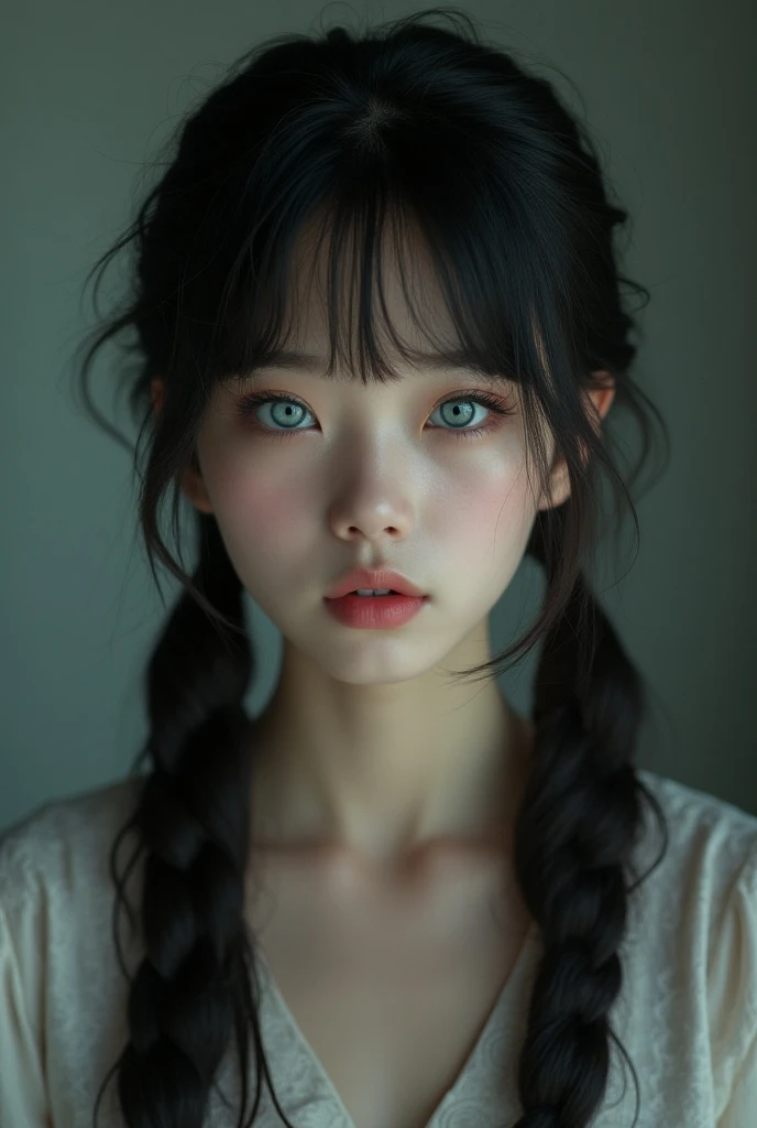 Photo, dark atmosphere, pretty Korean female teenager, big wide blue eyes, wearing thai dress, sbai, thin bang, long messy black hair, low twin tail, pale white skin, small lips, master piece, photorealistic, amazingly detailed face, maximum resolution, cu...