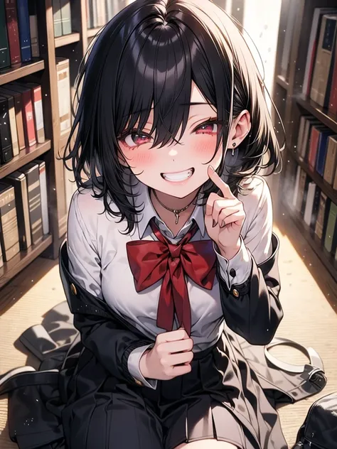 masterpiece, best quality, 16k, nsfw, detailed eyes, 1 girl, ((lift skirts)), 28yo, medium hair, black hair, hair is between eyes, round eyes, oval eyes, kind eyes, (harf-closed eyes:0.8), grin, blush, orgasm, steam, school uniform, library