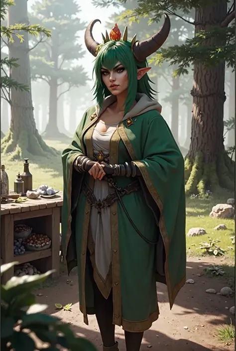 Forest, orc princess (green, muscular and tall but feminine), flowing hair (blue) and robes (brown and white), glowing staff in hand