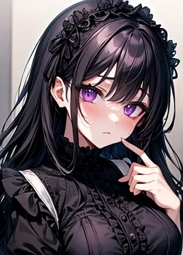 {Black Hair}{Lori gothic }{female}、Purple Eyes、 gothic fashion、かわいいfemaleの子、Arranged Hair、{Ruffled clothing、darkness堕ち、Illness、}、 face up、darkness、{Maid}{mysterious}{adult{Big Breasts}{}{High image quality、 above her upper body }{Hair accessories}{A lot of...