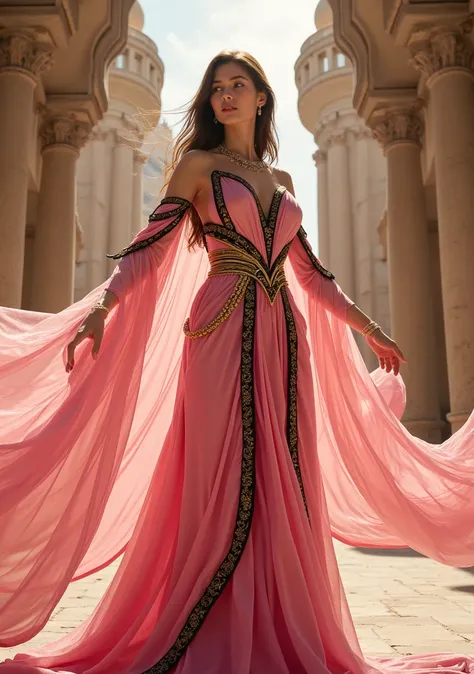 Hyper Detailed Gorgeous Arabian princess wearing an elegant long pink dress with black trim ((( Hourglass figure, Carne Griffiths, Michael Garmash, Frank Frazetta, Castle Background, Jean Baptiste Monge, Victo Ngai, Detailed, Vibrant, Sharp Focus, Characte...