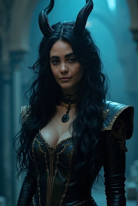 The image shows a woman with long, wavy black hair, wearing a dark, intricate, and medieval-style leather outfit. Demon horns on the head. Her attire includes a fitted bodice with detailed patterns, and she has a leather shoulder piece with a high collar a...