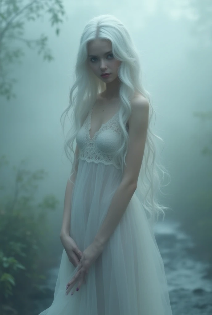 Slender girl , white hair,  purple eyes , The whole picture is foggy., hovering 