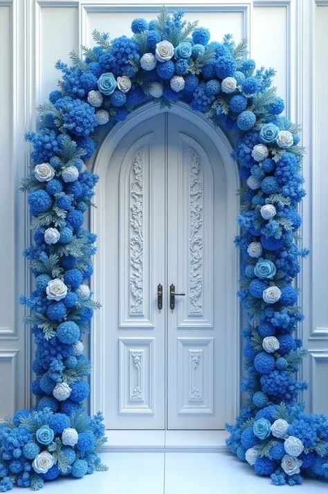 entrance door decoration for event in blue and white theme