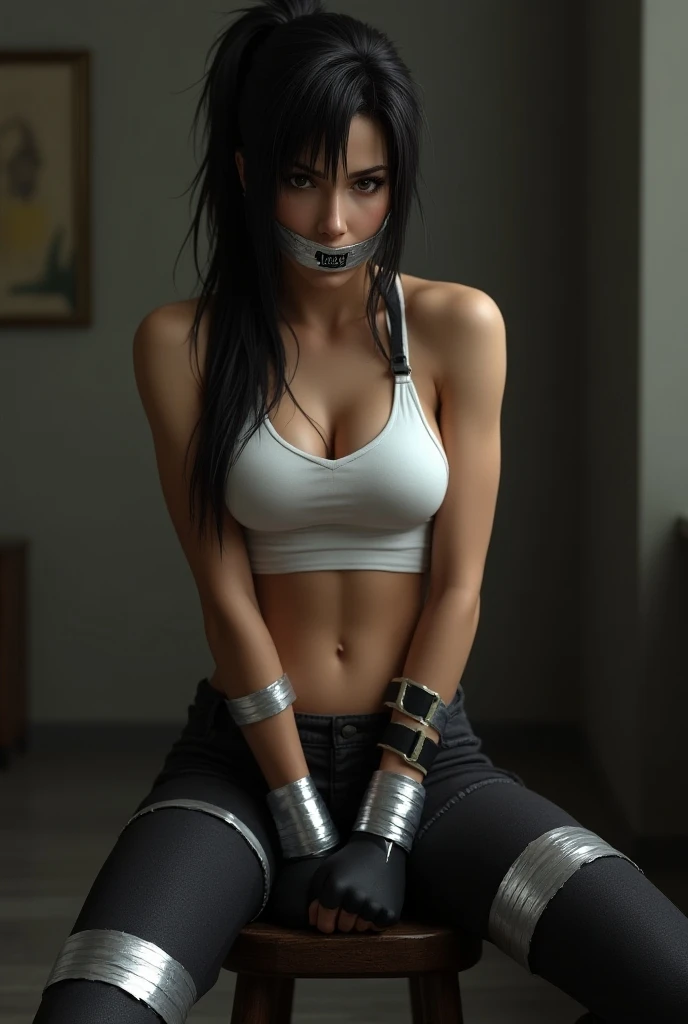 Tifa Lockhart in her white crop top and black leggings tied up with duct tape around her both legs and hand cuffed her wrists  behind her back with a shiny silver duct tape gagged on her mouth while she is sitting on a stool 