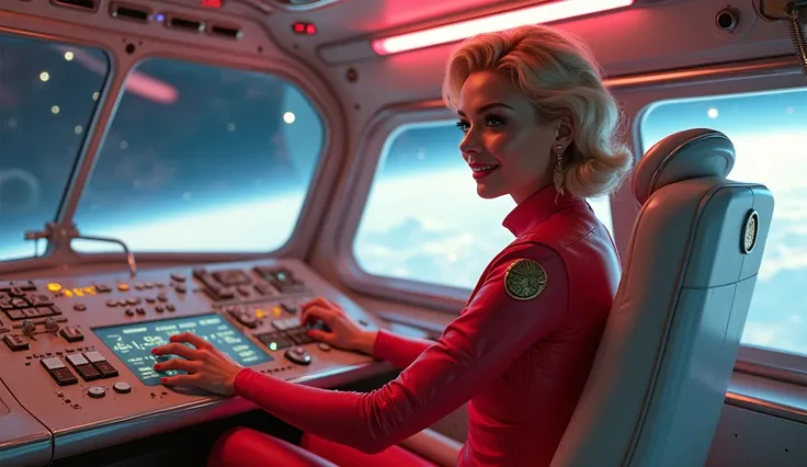 Maximum quality masterpiece, 4k resolution, (best quality,4k,8k,highres,masterpiece:1.2), ultra-detailed, (realistic,photorealistic,photo-realistic:1.37), HDR, A stunning young woman in a retro-futuristic cockpit, beautiful sexy body and face, big sexy tit...