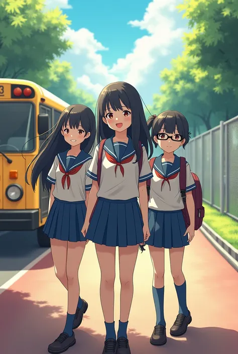 An  girl with a black-haired school bus on her side a  girl in uniform who wears glasses and is black-haired and on the other side a black-haired boy with a school bus behind them a semi-reslicism sports court
