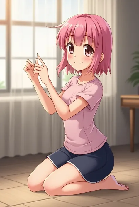 (anime)  Short and cute mature girl , with pink hair , is kneeling in front of the camera and is propping a guys dick