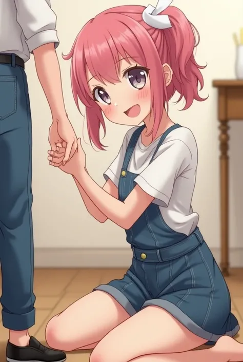 (anime)  Short and cute mature girl , with pink hair , is kneeling in front of the camera and is propping a guys dick