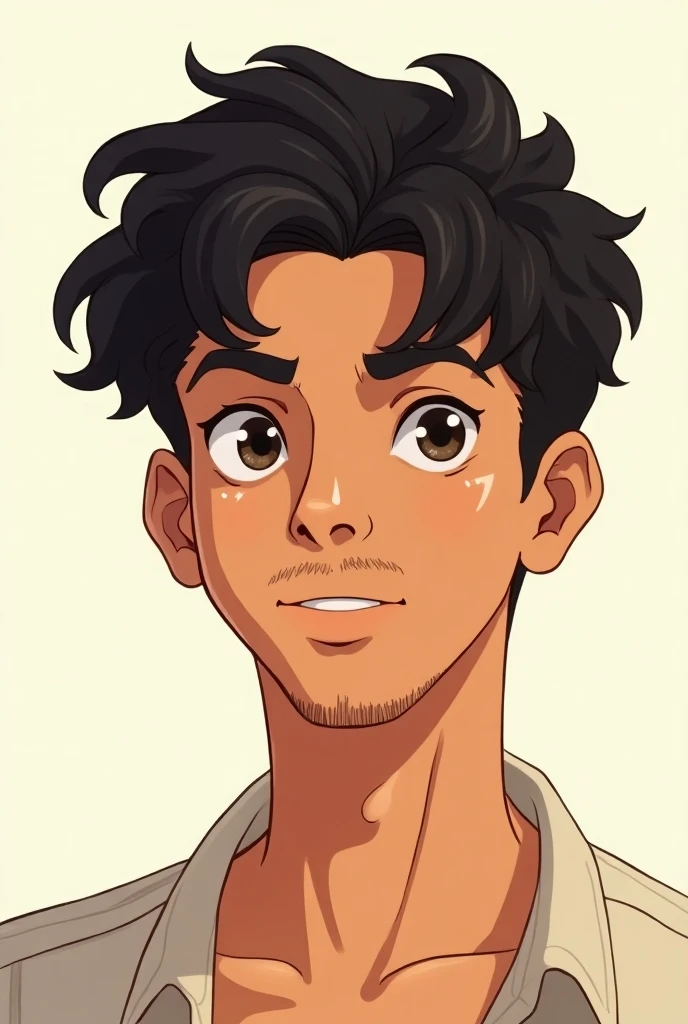 Create me as a anime character Im a 19 year old boy with around 80kg weight and I have a little bit curly hair my skin tone is Indian and have a oval shape type face cut a lite moustache no beard a little fatty face 