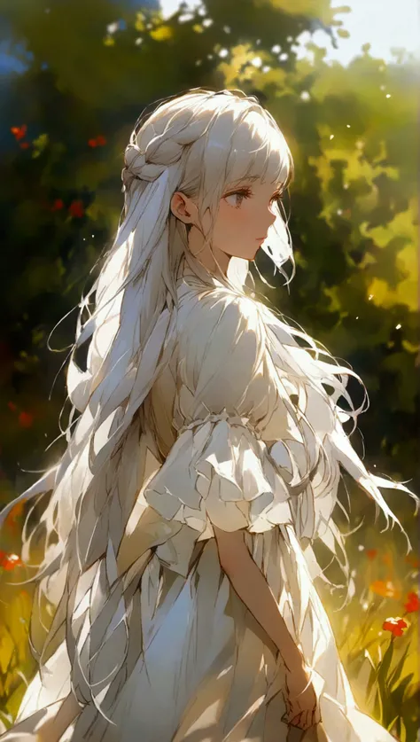 White-haired beauty， Double ponytail long straight hair，Tall figure，Walking on the lawn with a rein ，The White Horse，Lolita，Lolita鞋，Full body close-up，Long skirt