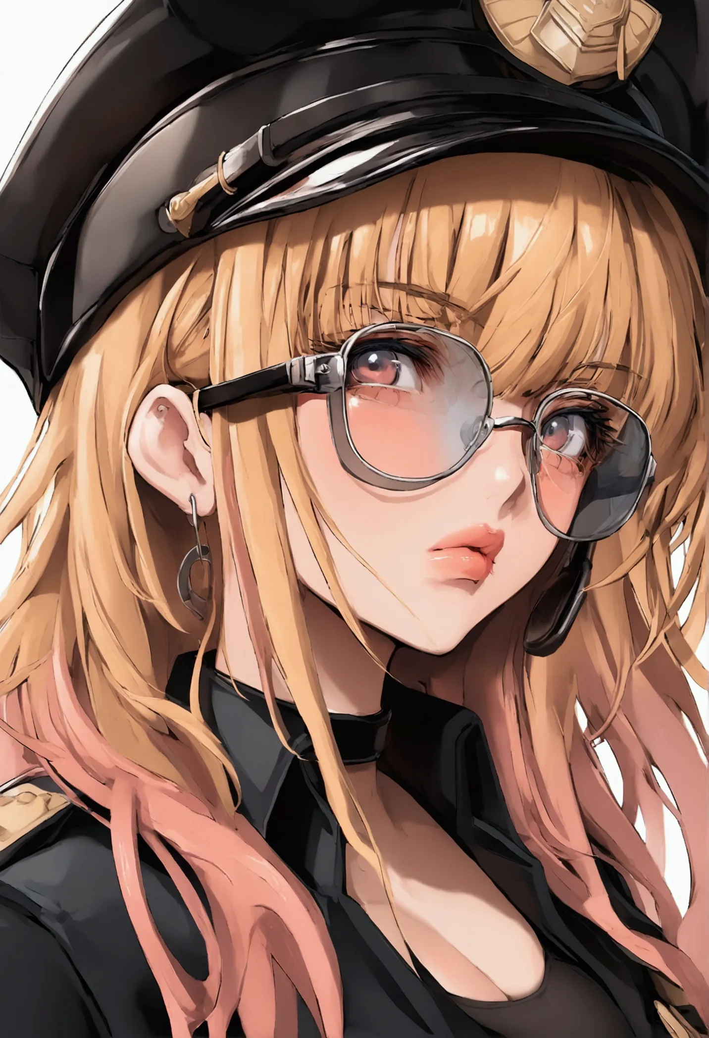 mamimi style, score_9, score_8_up, score_7_up, rating_safe, police uniform bikini, officer hat, long blonde hair, aviator glasse...