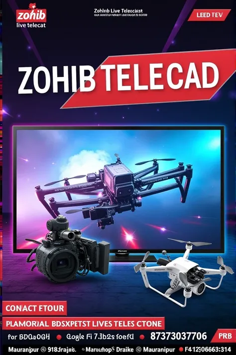  Create a company banner Zohib live telecast 
Plazma tv 55 inch Crane 
P4 Led wall 
Drone air 2s 
Pro Pyare Bhai 
Address (Mauranipur)
Mo 8737037706 ; 9125666314