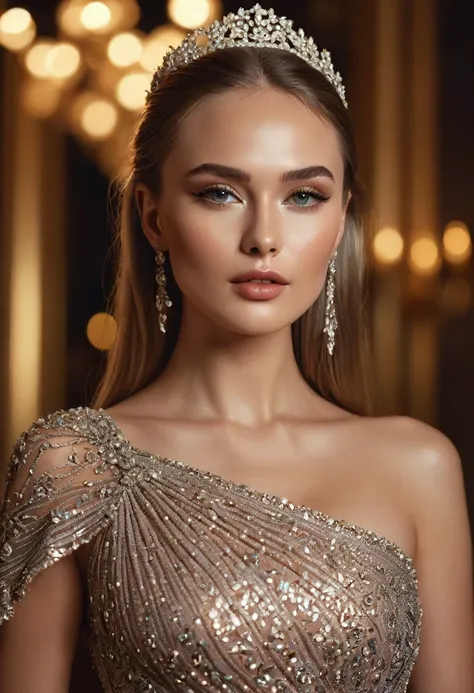 8k,obra maestra, mejor calidad, 1 girl in, A stunning 4K image featuring a captivating Russian model, adorned in a glamorous party dress and flawless makeup. The model, with a beautifully defined jawline, exudes elegance and beauty, her face radiating a me...