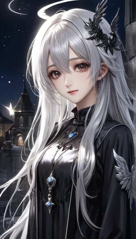  has long flowing silver-white hair 、Please depict it realistically and cinematically。Characters are full of confidence、 standing slightly leaning forward 、 has a mysterious smile 。 enhances the characters mystical, almost supernatural presence, which is r...