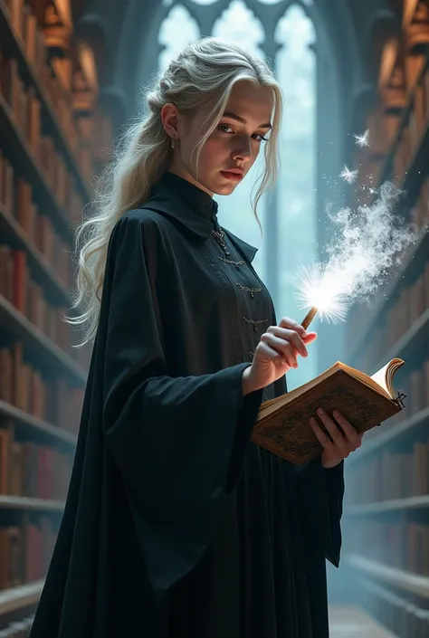 A fair-haired girl of 25 years old, good-looking, dressed in black, her right hand holding a wand, her left hand holding a book, with white magic coming out of the tip of the wand, the background is a magic library, half white.