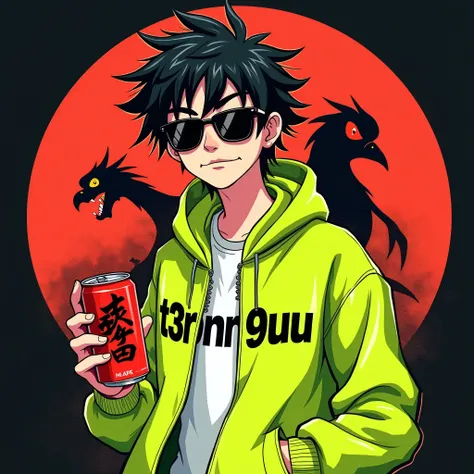 Image of a cartoon young man with sunglasses wearing a yellow-green jacket, the writing T33nn99UU on the jacket, drinking a red can, the writing of a tengu on his can, the background of a red black circle, black background with little light, realistic