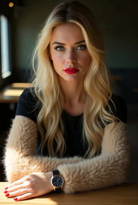 A beautiful 1 woman wears a black top and has Long hair and she wears red lipstick and black eyeliner and she has blonde hair and blue eyes and ihre Arme Sind Stark behaart mit Blonden haaren und ihre Nägel sind gemacht und she puts them on the table, the ...