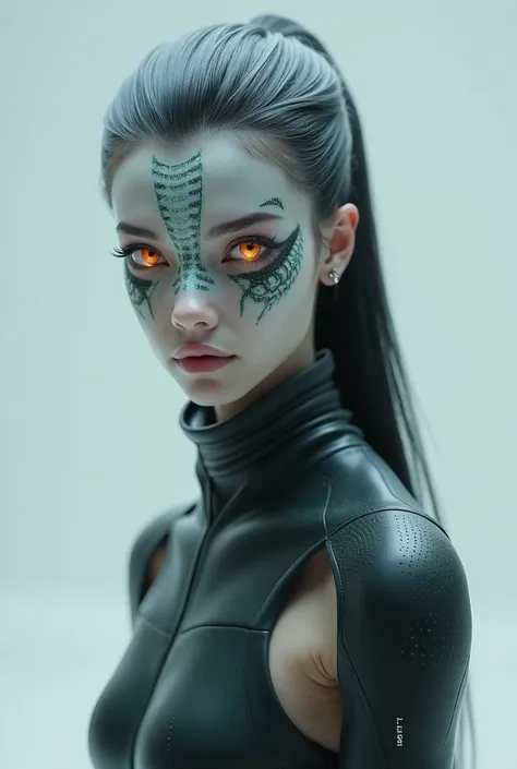 (photorealism:1.2),  realistic photo of a girl in futuristic clothes , full body, And reptile eyes 