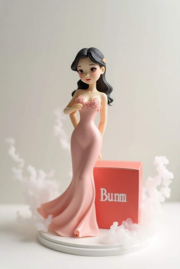 Create a figure toy of BUM ,a beautiful Thai slightly plump woman with wavy hair, big eyes , wear long evening dress with open shoulder stand beside red packaging box with text "BUM" on box, put on white table, white background, fog floating surrounding ar...